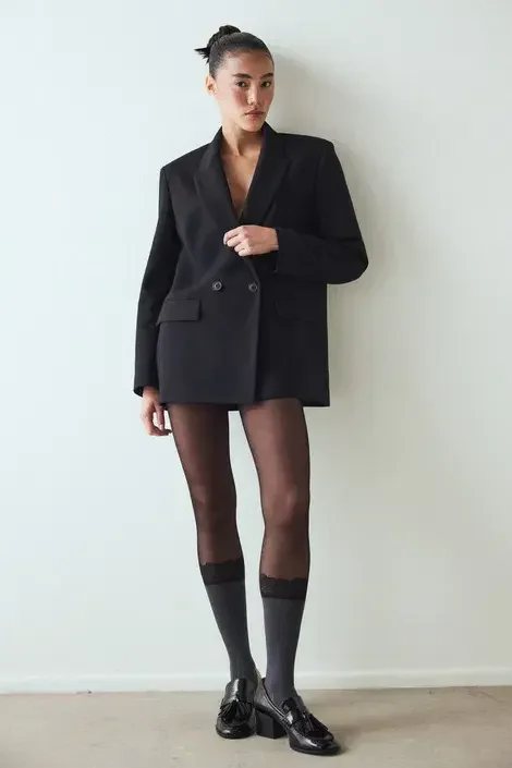 Dres Penti damă Ribbed Lace 30 DEN, negru, cu model șosetă gri lungă și dantelă