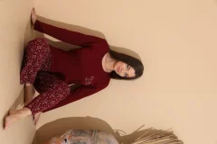 Pijama damă visiniu, bluză „Our Family” și pantaloni cu imprimeu flamingo – 100% bumbac