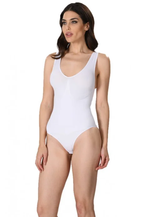 Body modelator dama cu bretele groase, material elastic si respirabil de culoare alb