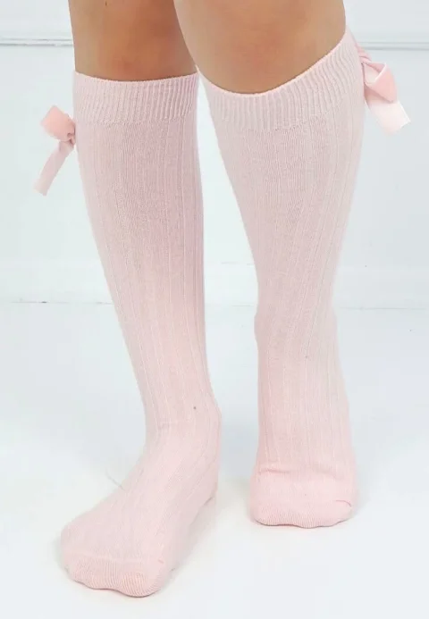 Șosete fetițe 3/4, bumbac, cu fundiță decorativă- culoare roz