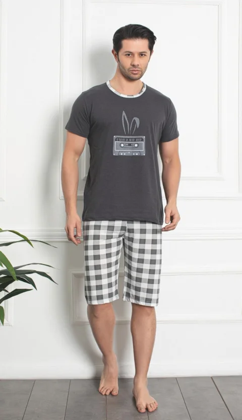 Pijama bărbat din bumbac, mânecă scurtă și pantaloni 3/4, imprimeu ,,Hip Hop'', gri închis