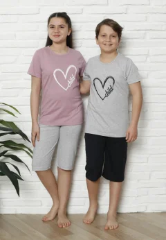 Pijama familie-copii, bumbac, mânecă scurtă și pantaloni 3/4, roz pudrat