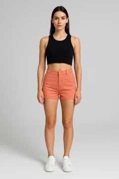 Blugi scurți damă de vară – elastici, mulați, cu buzunare la spate-portocaliu