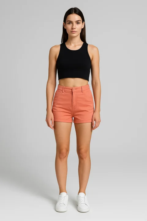 Blugi scurți damă de vară – elastici, mulați, cu buzunare la spate-portocaliu