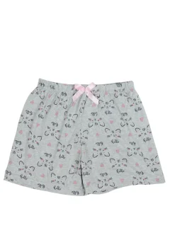 Short damă pijama din bumbac, gri, imprimeu pisicuțe