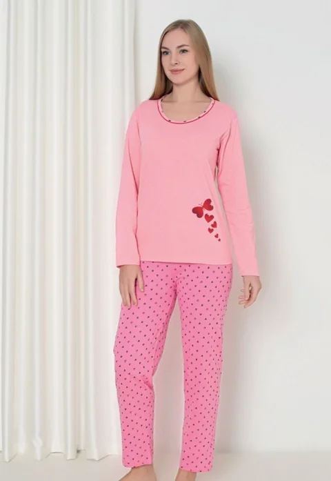 Pijama damă  cu mânecă lungă și pantaloni lungi, imprimeu fluture, culoare roz