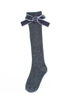 Șosete fetițe 3/4, bumbac, cu fundiță decorativă- culoare gri