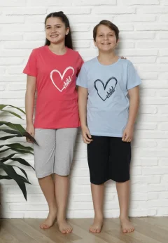 Pijama familie-copii, bumbac, mânecă scurtă și pantaloni 3/4, roz