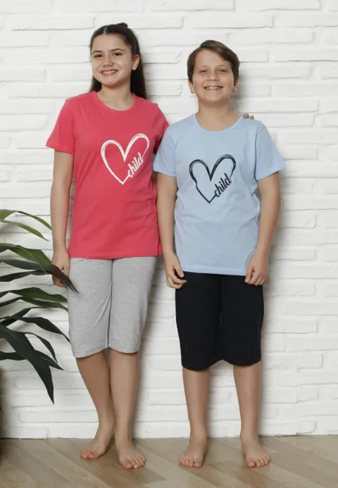 Pijama familie-copii, bumbac, mânecă scurtă și pantaloni 3/4, roz