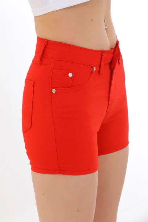 Blugi scurți damă de vară – elastici, mulați, cu buzunare la spate-rosu