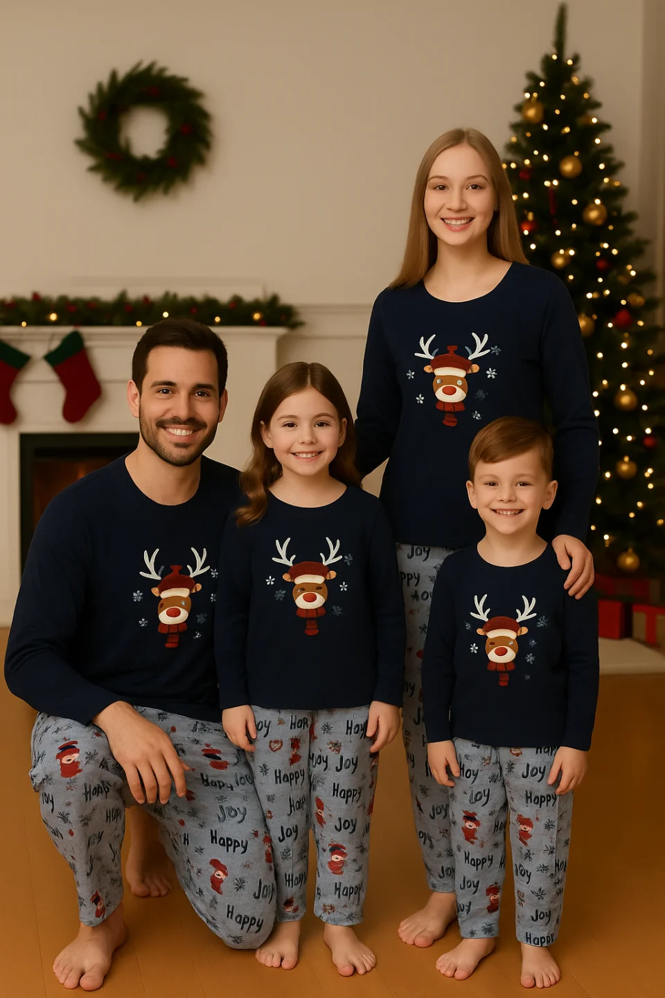 Pijamale Crăciun Familie – Bluză Bleumarin și Pantaloni Gri cu Reni