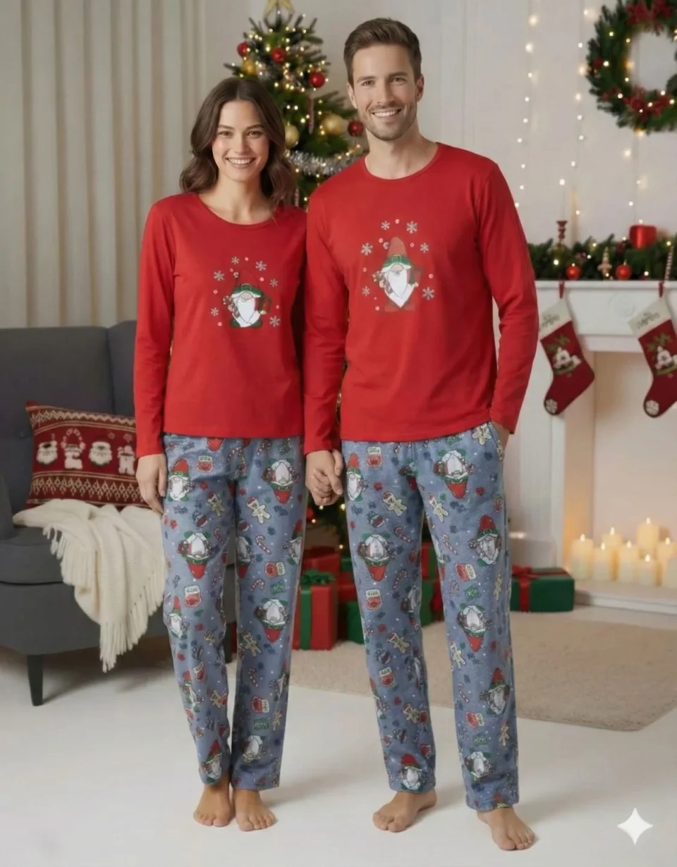 Pijama Crăciun Cuplu -  Bluză Roșie & Pantaloni Gri cu Imprimeu Pitic de Crăciun