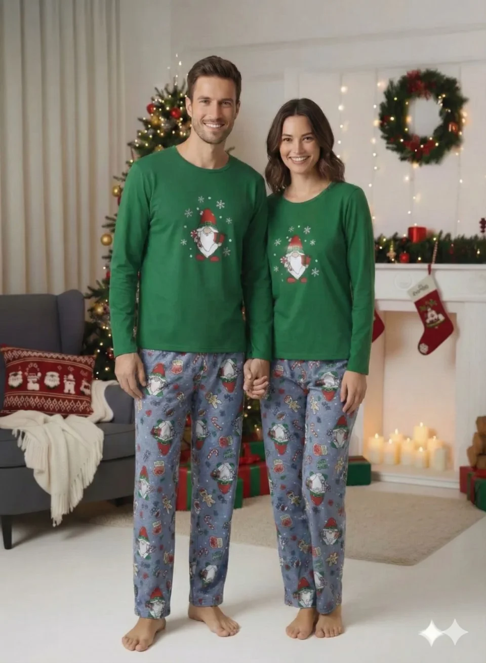 Pijama Crăciun Cuplu - Bluză Verde & Pantaloni Gri cu Imprimeu Pitic de Crăciun