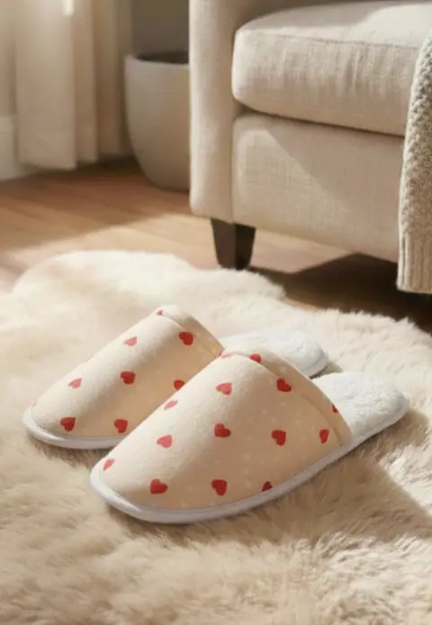 Papuci de casă damă cu puf, crem, cu imprimeu inimioare – comozi și călduroși