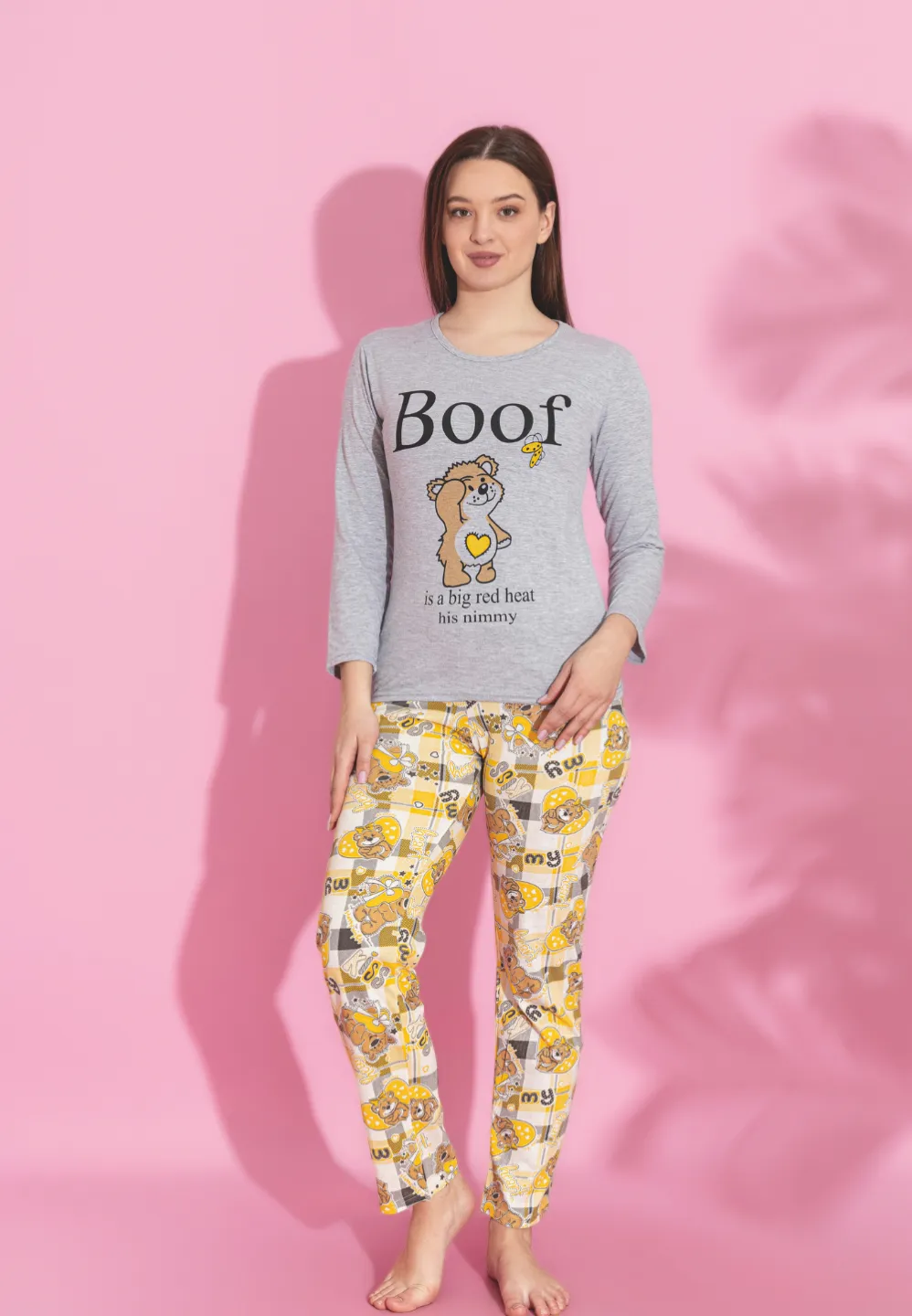 Pijama damă gri cu mânecă lungă și pantaloni lungi, imprimeu „Boof”