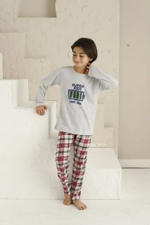Pijama băieți, mânecă lungă si pantaloni lungi, imprimeu Super Kids, gri