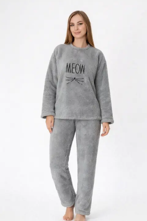 Pijamale damă cocolino roz pudră cu imprimeu „Meow”