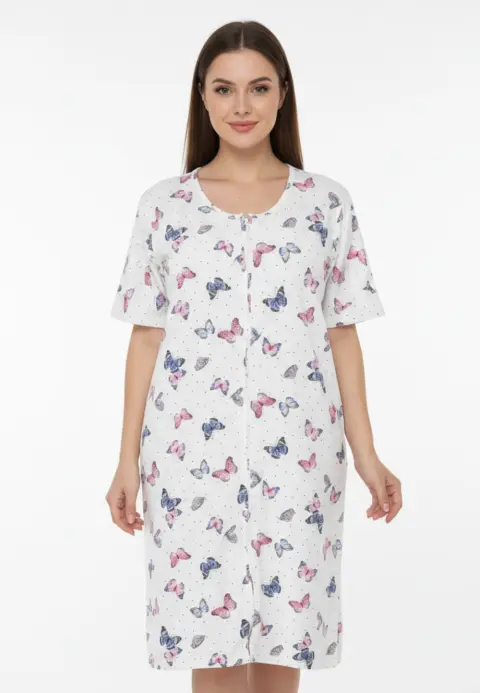 Cămașă de noapte alb cu fluturi si fermoar