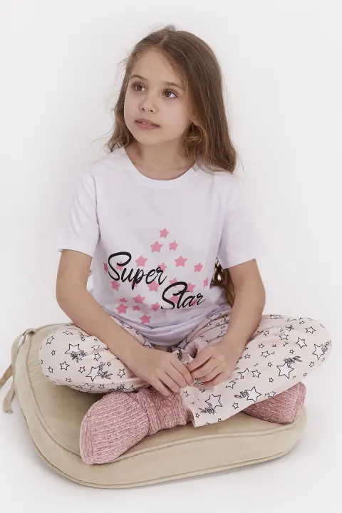 Pijama pentru copii cu tricou și pantaloni lungi, imprimeu cu mesaj și stelute, Alb