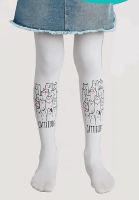 Dres fetițe Penti Young ,,Cattitude'', 50 den- mat, imprimeu jucăuș, alb