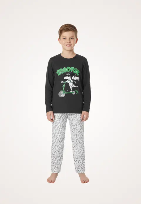 Pijama băieți cu mânecă lungă și pantaloni lungi, imprimeu Scooter, negru