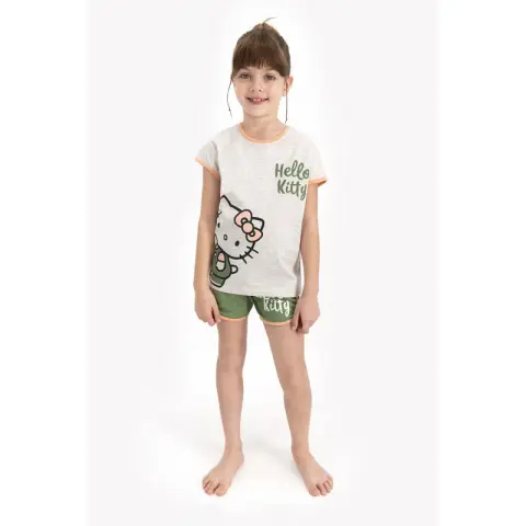 Pijama fete cu tricou și pantalon scurt, imprimeu Hello Kitty, Verde