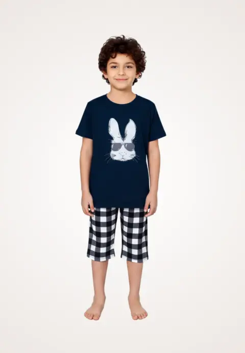 Pijama băieți, mânecă scurtă , imprimeu iepure cu ochelari, albastru închis