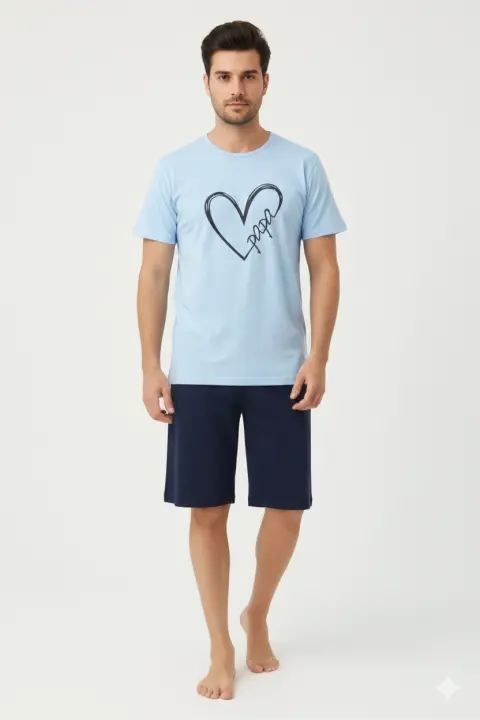 Pijama familie-bărbați, bumbac, mânecă scurtă și pantaloni 3/4 , culoare albastru