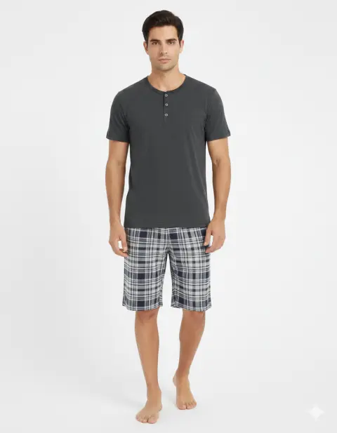 Pijama pentru bărbați, mânecă scurtă și pantaloni scurți, gri