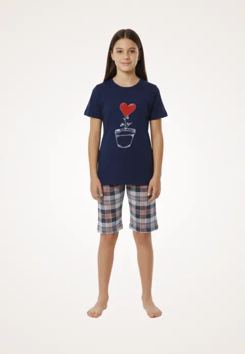 Pijama familie-copii, bumbac, mânecă scurtă și pantaloni 3/4, bleumarin