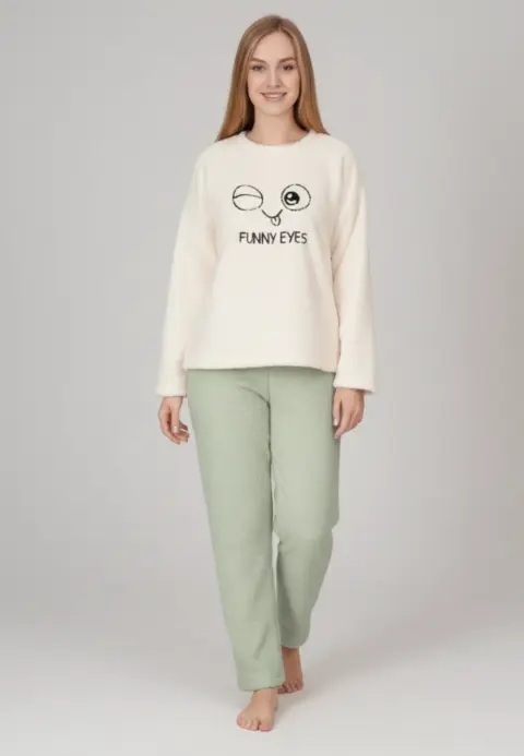 Pijamale damă cocolino alb și verde deschis cu imprimeu „Funny Eyes”