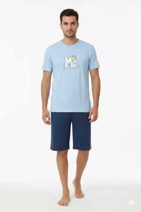 Pijama familie-bărbați, bumbac, mânecă scurtă și pantaloni 3/4 , culoare albastru