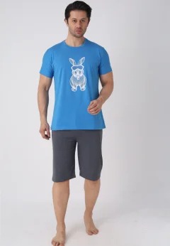 Pijama bărbați Paște, Albastru – tricou bumbac 100% și pantaloni 3/4