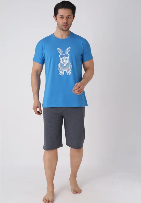 Pijama bărbați Paște, Albastru – tricou bumbac 100% și pantaloni 3/4