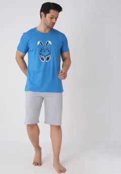 Pijama bărbați Paște, Albastru– tricou bumbac 100% și pantaloni 3/4