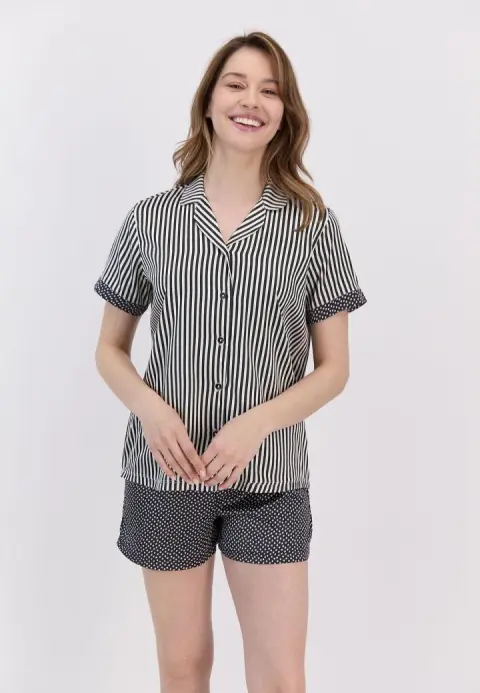 Pijama damă viscoză alb-negru cu dungi și stelute