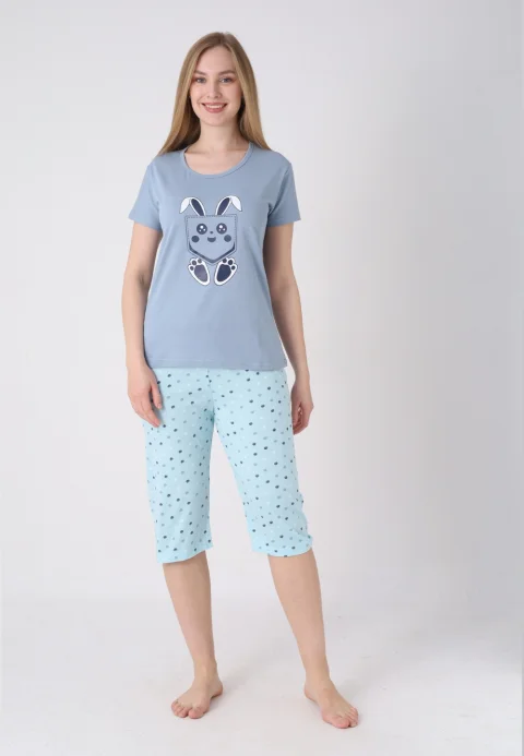 Pijama damă cu model de Paște, gri – tricou bumbac și pantaloni 3/4