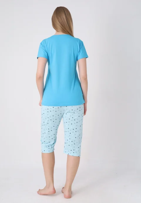 Pijama damă cu model de Paște, albastru deschis – tricou bumbac și pantaloni 3/4