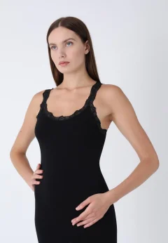 Rochie de damă cu dantelă, fără cusături- Negru
