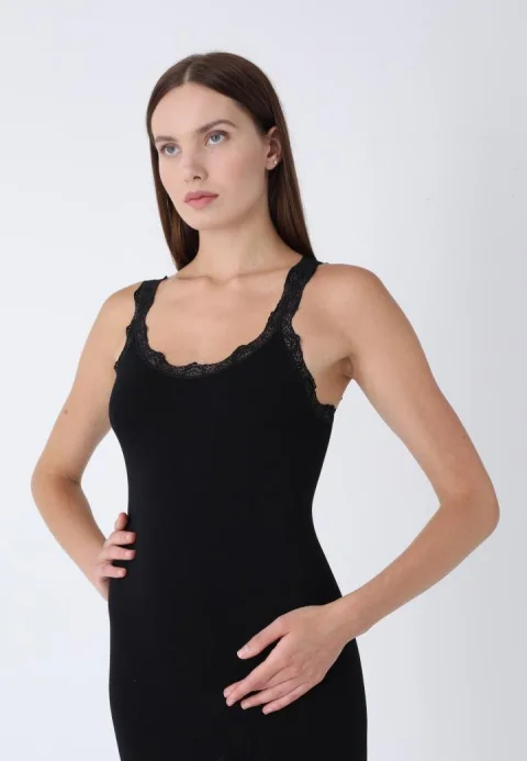 Rochie de damă cu dantelă, fără cusături- Negru — imagine 1