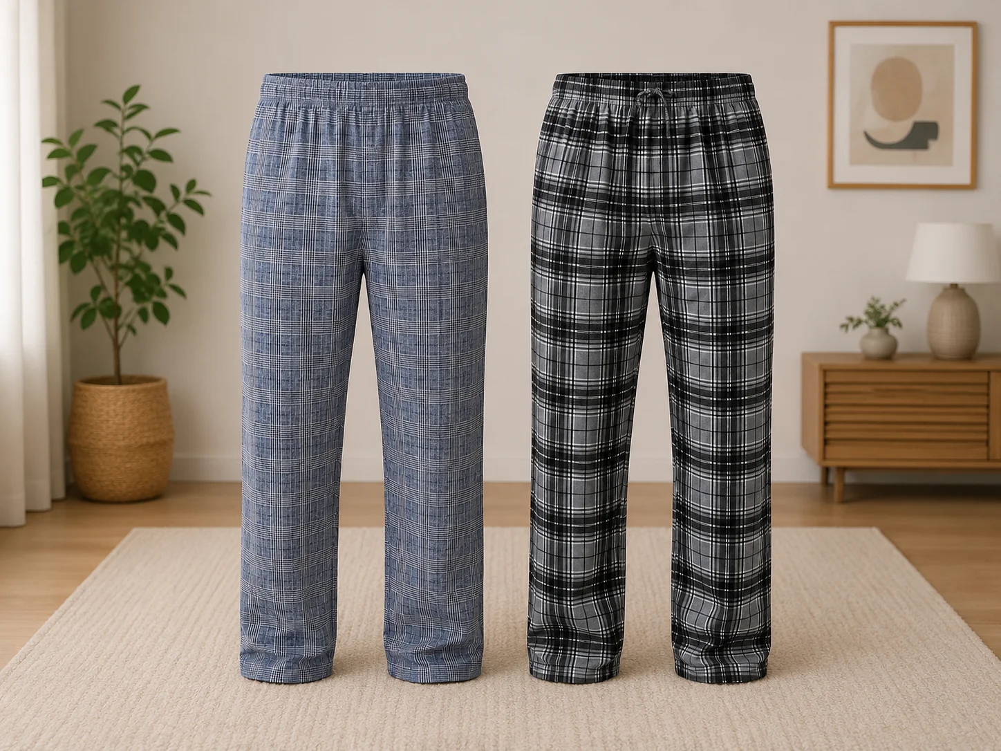 Set 2 Perechi de Pantaloni de Pijama pentru Bărbați, Model în Carouri, Albastru și Gri/Negru — imagine 1