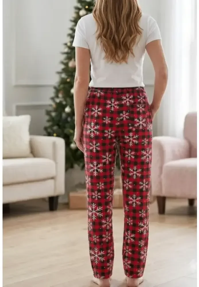 Pantaloni damă cu Buzunare și Șnur în Talie-imprimeu fulgi de nea — imagine 2