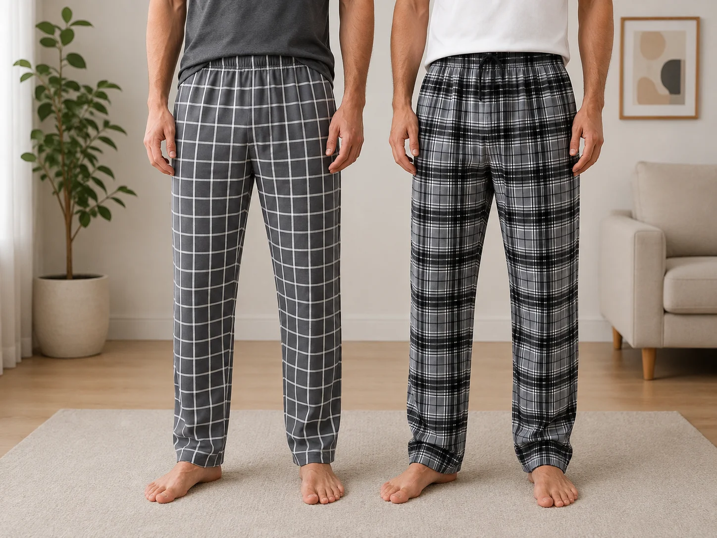 Set 2 Perechi de Pantaloni de Pijama pentru Bărbați, Model în Carouri, Gri și Gri/Negru — imagine 1