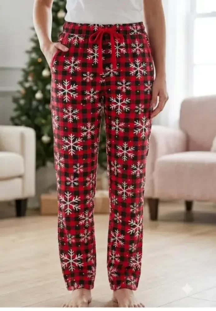 Pantaloni damă cu Buzunare și Șnur în Talie-imprimeu fulgi de nea — imagine 3