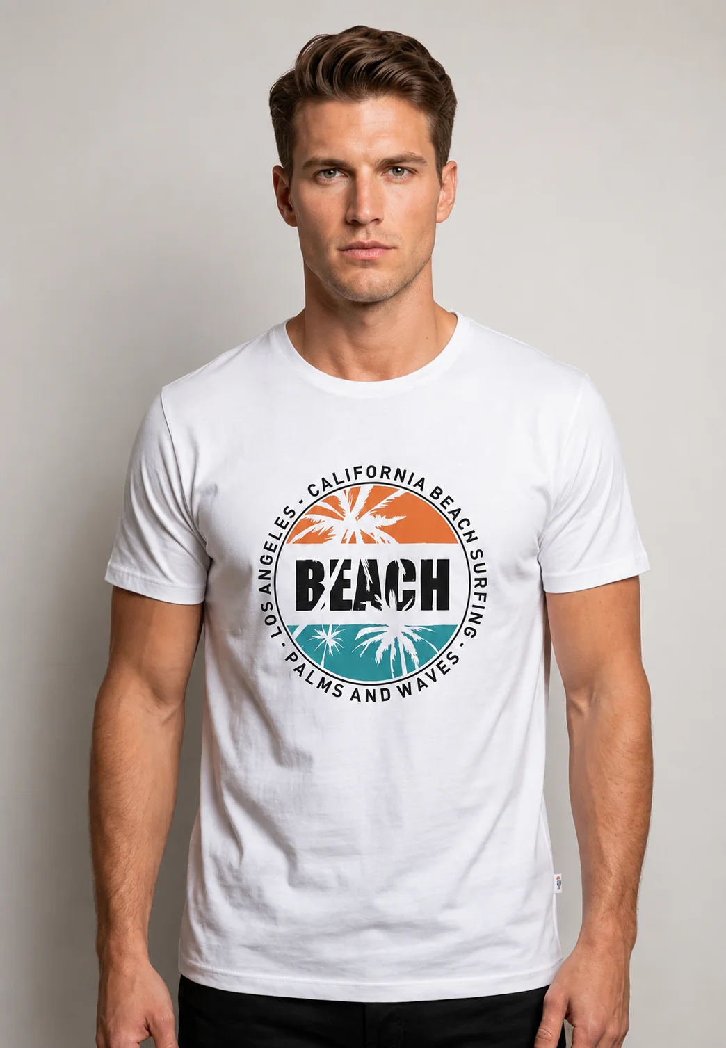 Tricou bărbătesc alb cu imprimeu BEACH – California Surfing — imagine 1
