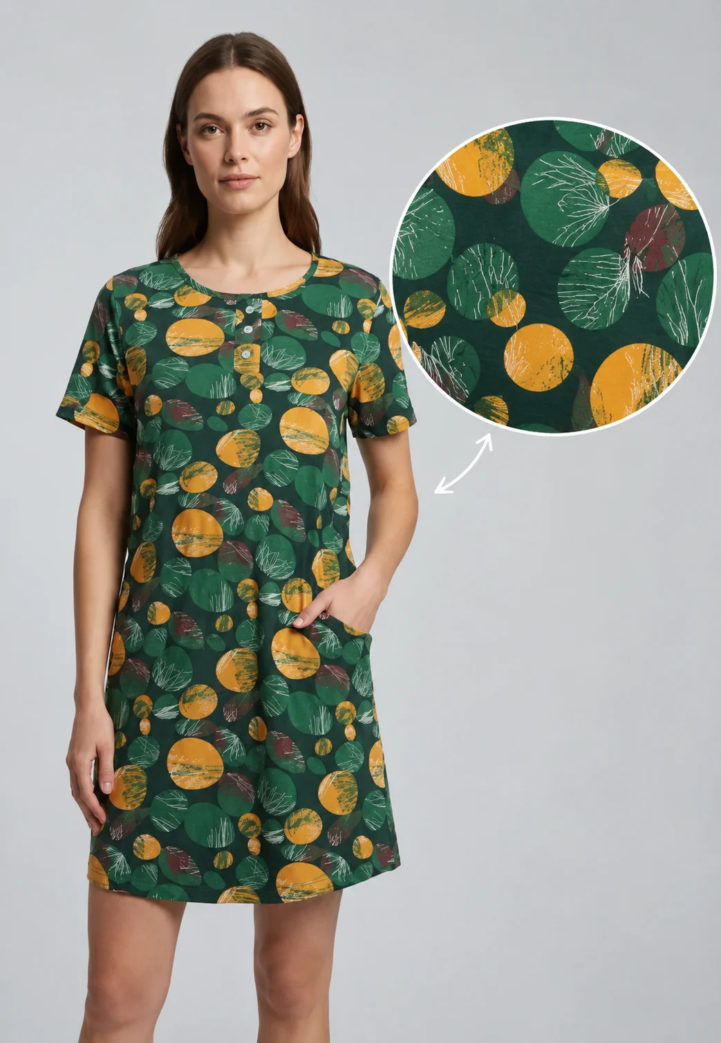 Cămașă de noapte scurta damă, model floral și buzunare