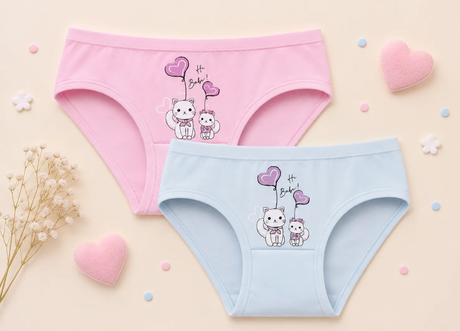 Chiloți Fetițe Bumbac – Set 2 Bucăți cu Pisicuțe și Inimioare-roz si bleu — imagine 1