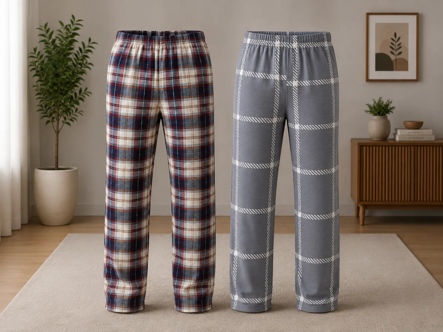 Set 2 Perechi Pantaloni de Pijama Bărbați, Carouri Multicolore și Gri, Confortabili — imagine 1