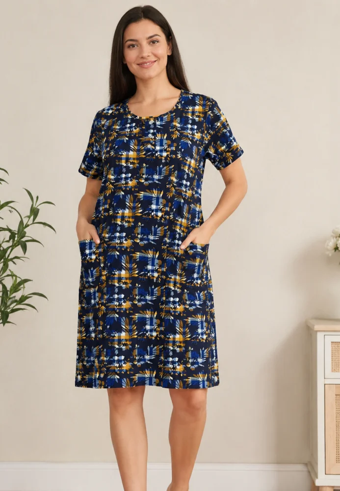Cămașă de noapte scurta damă, din bumbac, cu model floral și buzunare — imagine 2