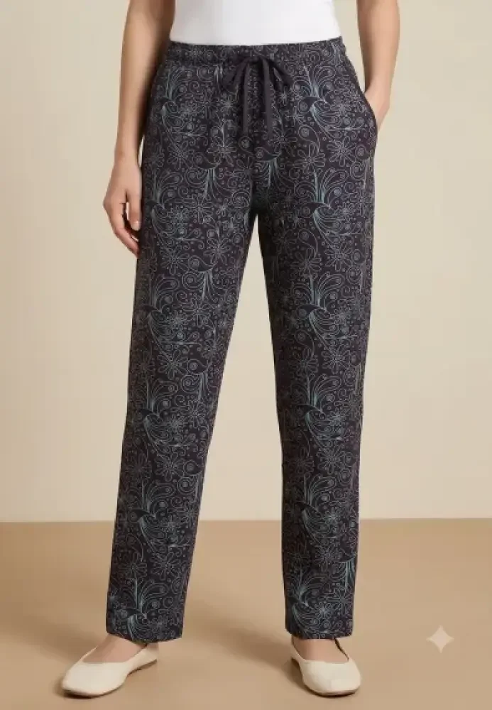 Pantaloni damă cu Imprimeu Floral Teal și Șnur Ajustabil
